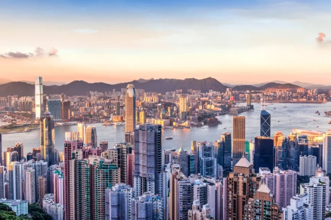 Sunset over Victoria Harbor as viewed atop Victoria Peak