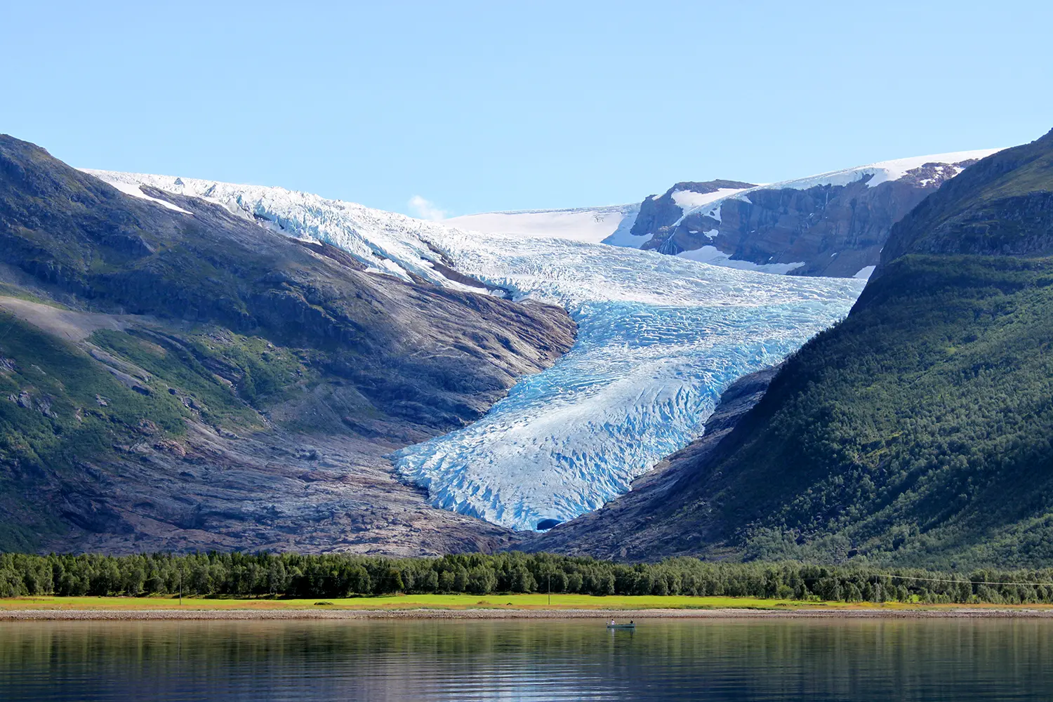 Lake Svartisvatnet in Helgeland; Nordland; Norway, with Svartisen glacier in the background