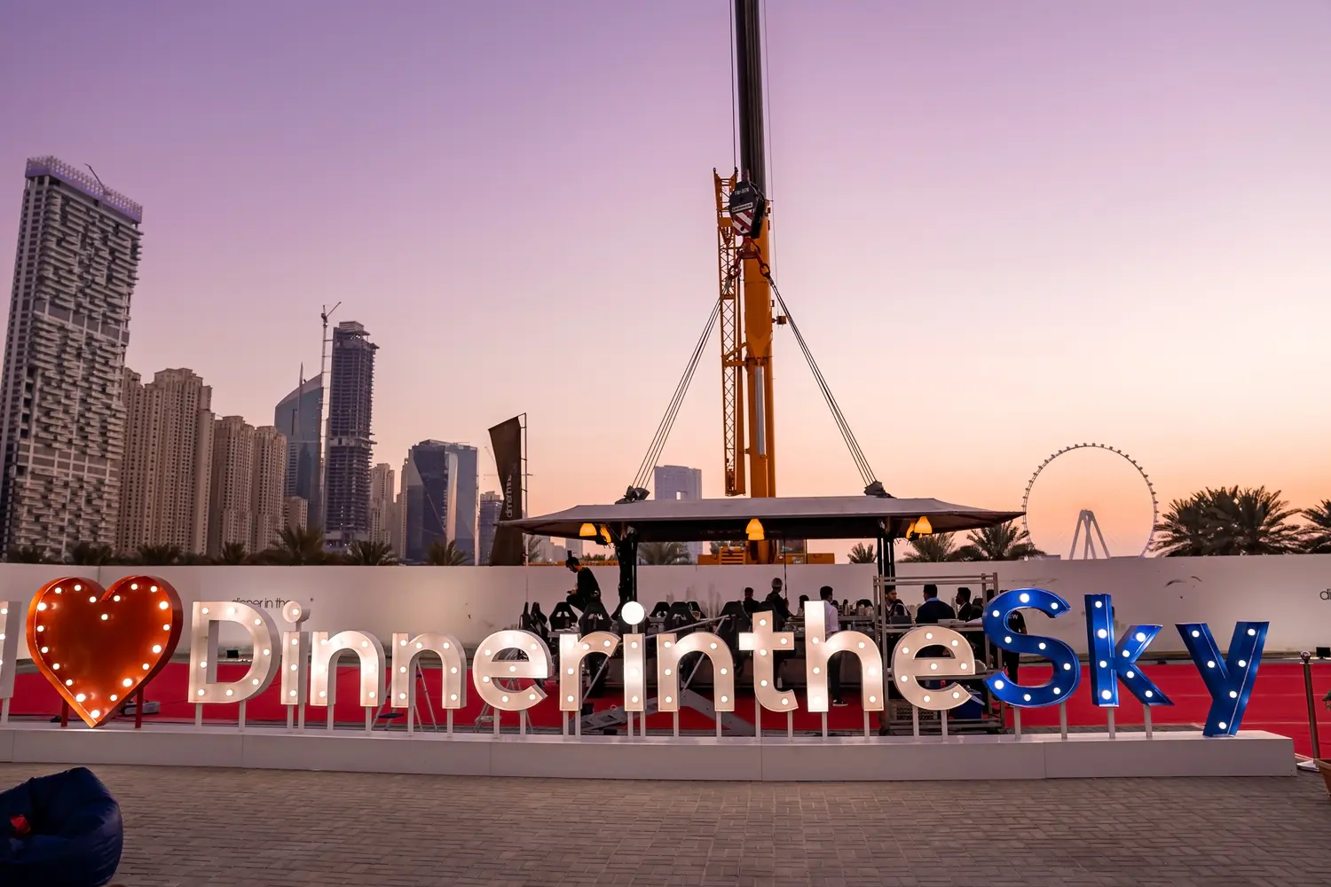 Dinner in the sky restaurant in front of Iconic Dubai Marina district.