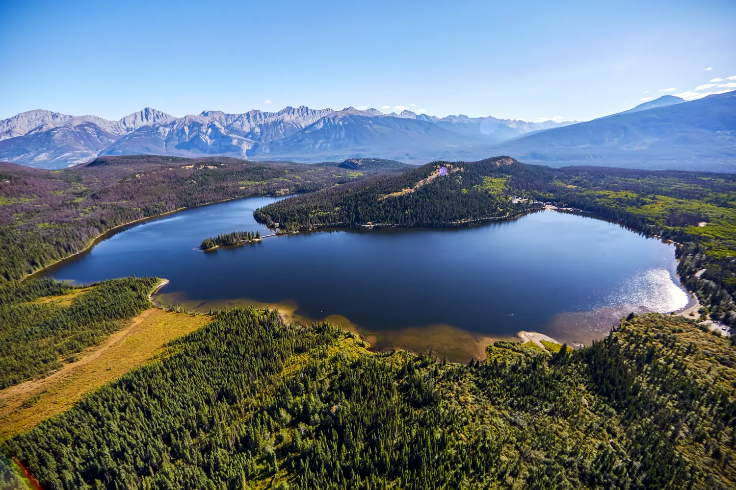Aerial view of Pyramid Lake in Jasper, Canada