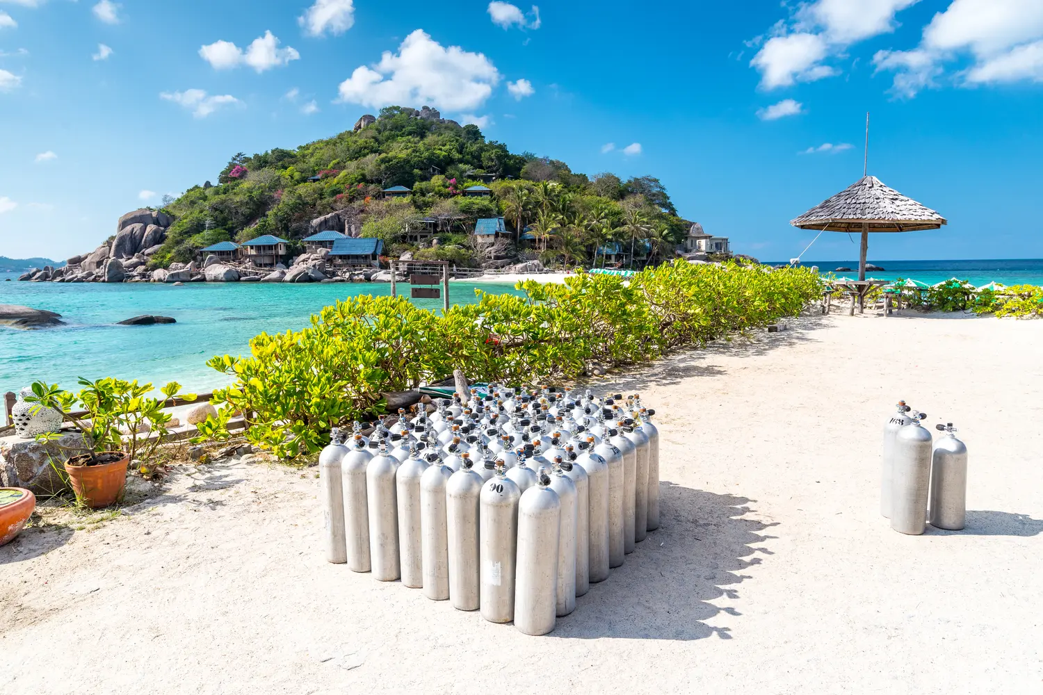 Diving tanks equipment at Nang Yuan island in Koh Tao, Thailand