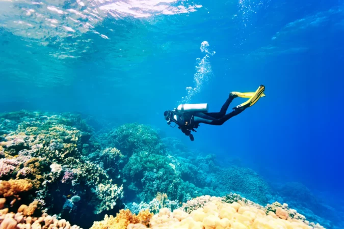 Female scuba diver swimming under water