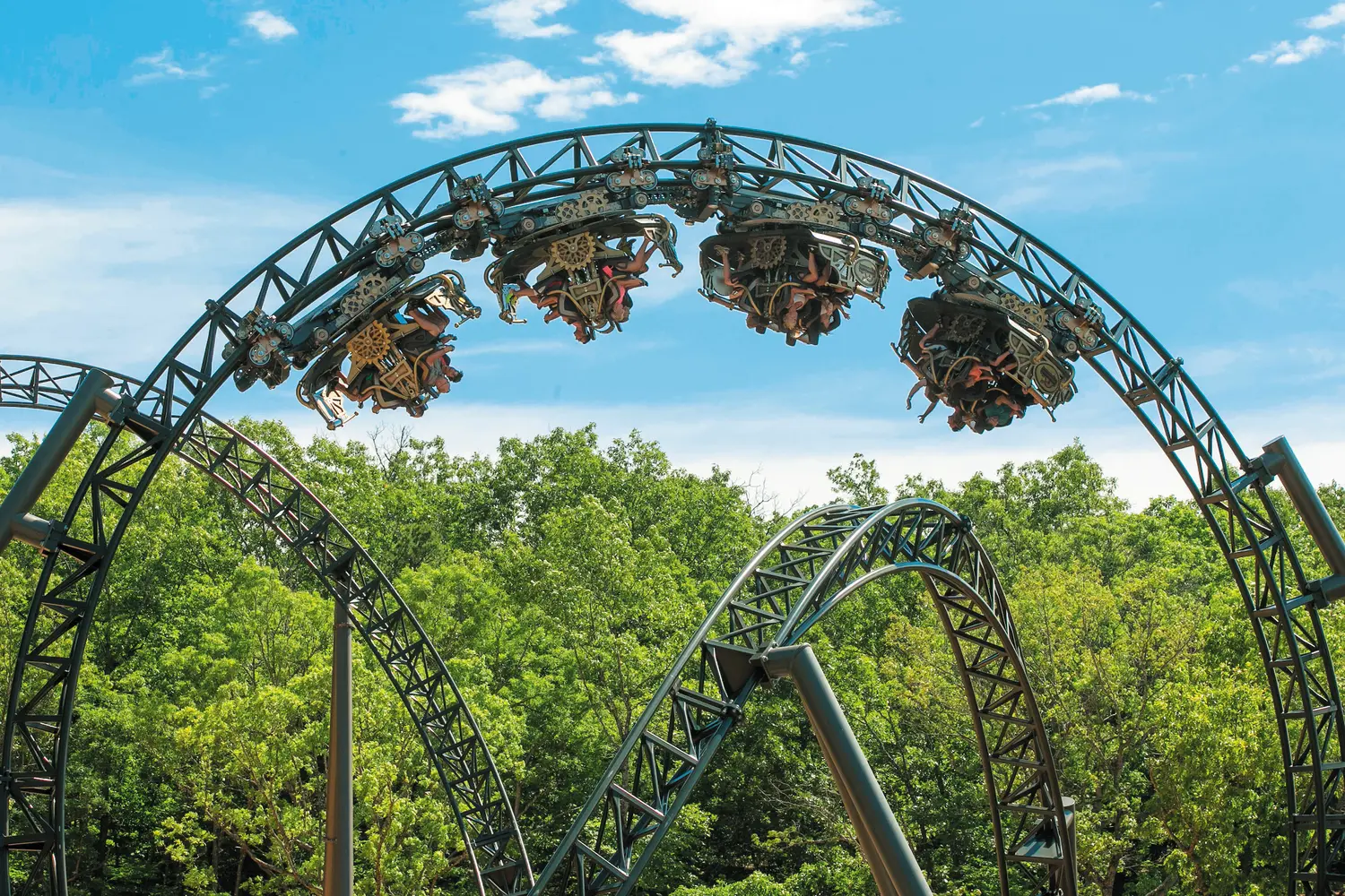 Visitors hanging upside down on the Time Traveler rollercoaster in Branson, MO.