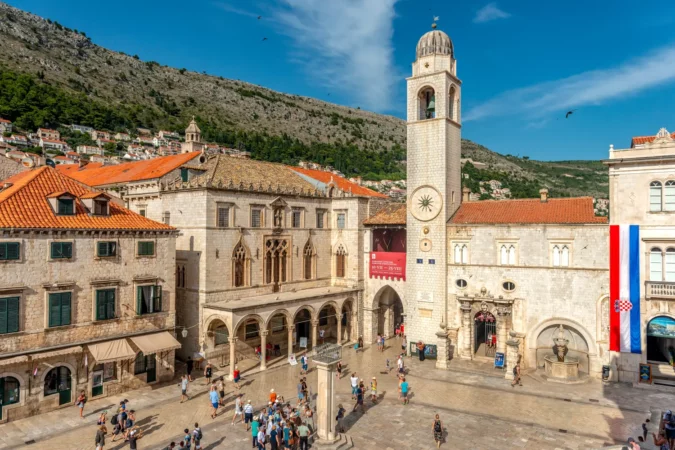 Clock tower on the market square in Dubrovnik.