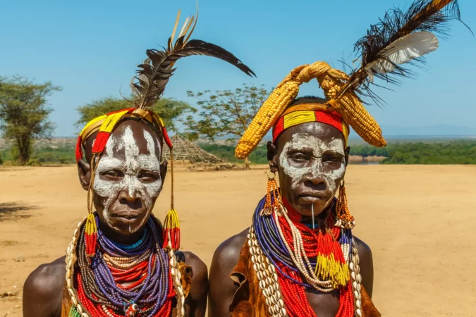 Unidentified Karo women near the Korcho village in the Omo Valley, Ethiopia