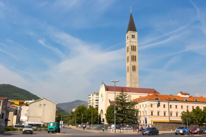 View of the Franciscan Church of Peter and Paul and the Mostar Peace Bell Tower in Mostar, Bosnia and Herzegovina