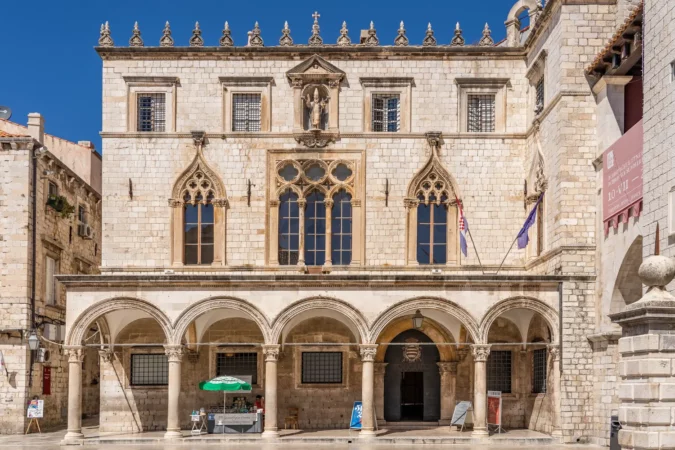 Facade of Sponza Palace in old town of Dubrovnik in Croatia