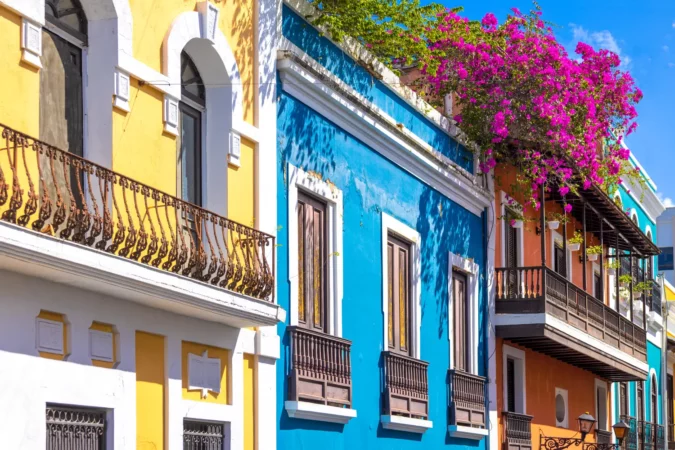 Puerto Rico colorful colonial architecture in historic city center.