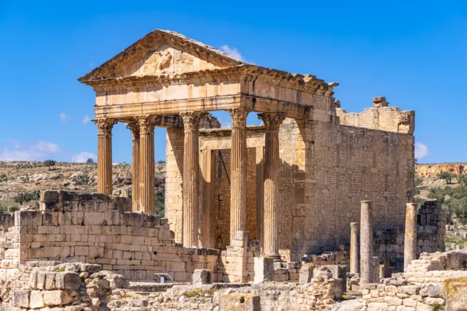 The Capitol Temple at the Roman ruins of Dougga in Tunisia