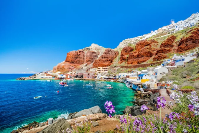 The old harbor of Ammoudi under the famous village of Oia at Santorini, Greece.