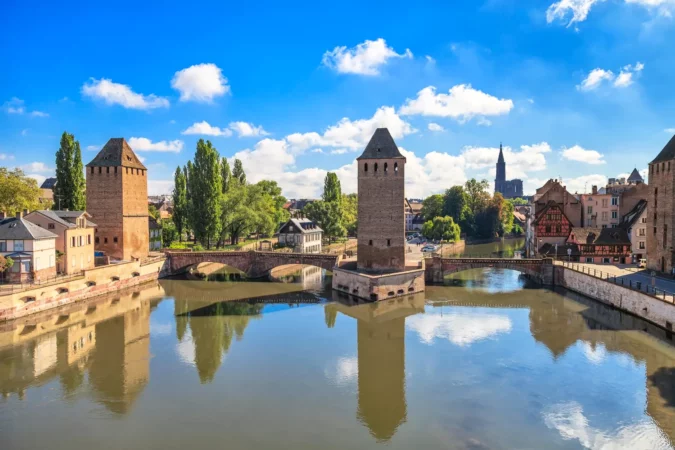 Medieval bridge Ponts Couverts and Cathedral in Strasbourg, France.