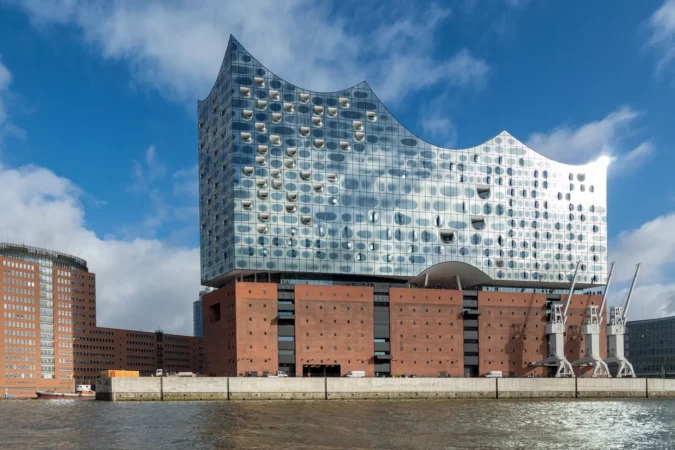 New Elbphilharmonie Concert Hall in the HafenCity quarter of Hamburg, Germany, on the Grasbrook peninsula of the Elbe River