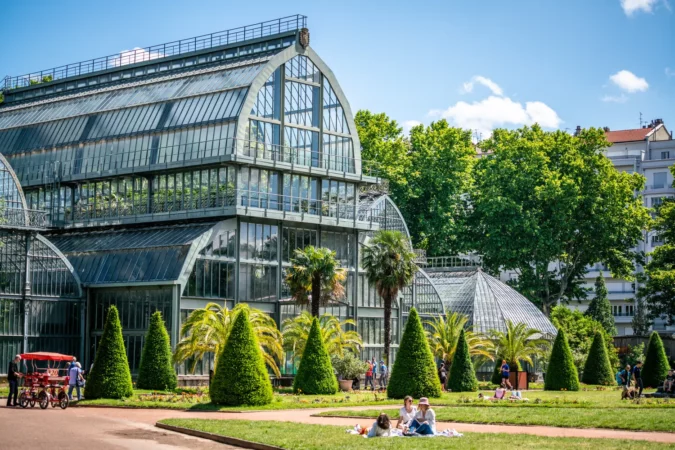 View of the Grande Serres or large greenhouse of the Parc de la Tete d'or garden in Lyon, France