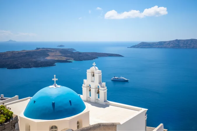 Three Bells of Fira on Santorini, Greece
