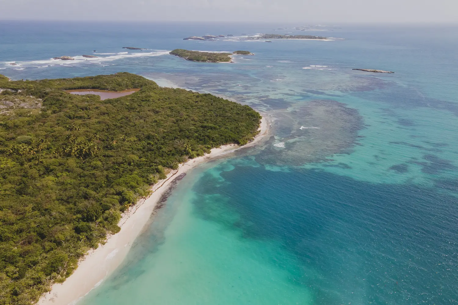 Aerial drone view of a beach in isolated Cayo Icacos, Puerto Rico