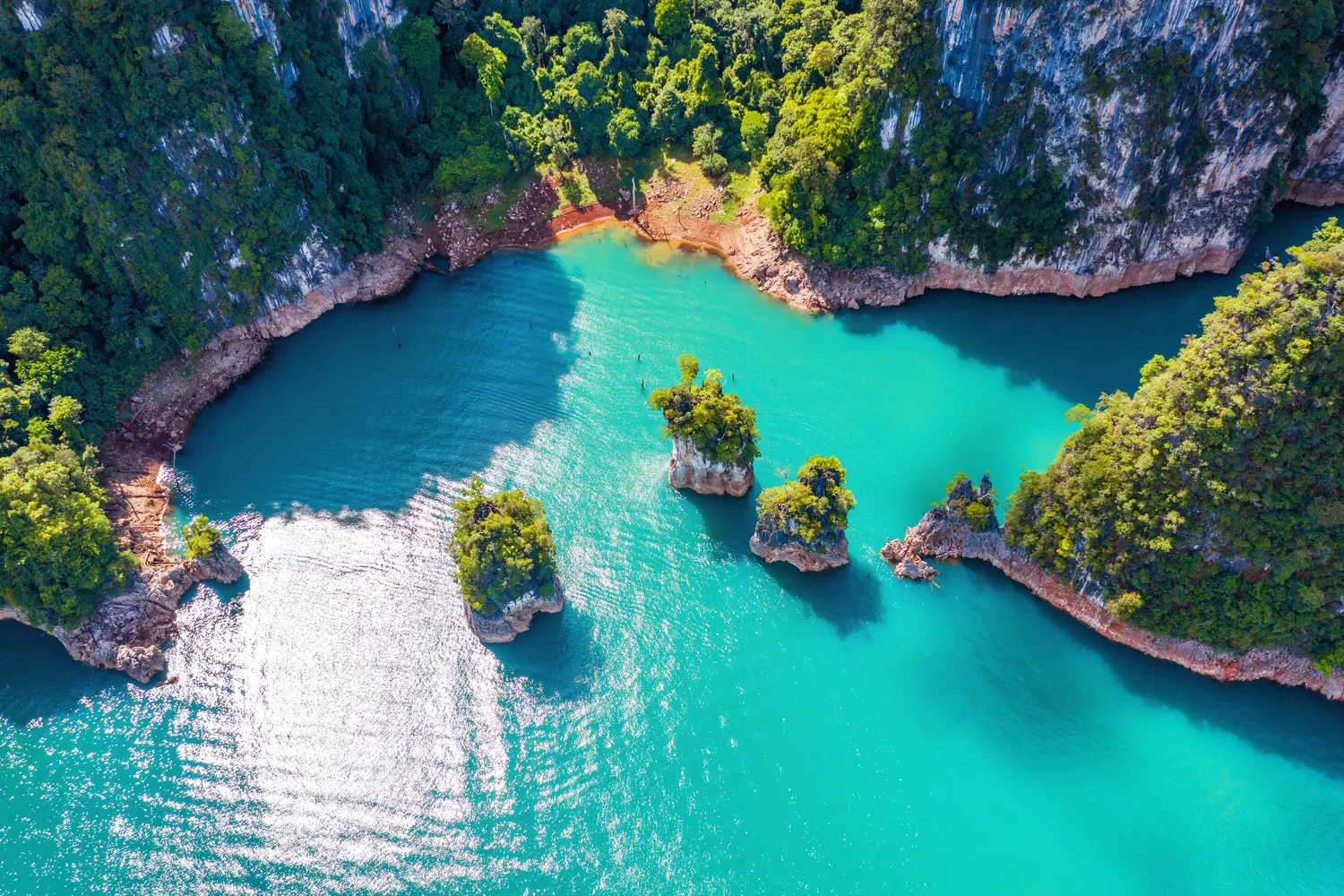 Aerial view of Ratchaprapha Dam at Khao Sok National Park, Surat Thani Province, Thailand.