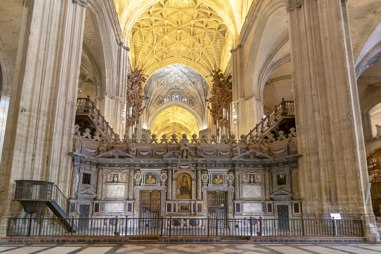 Rear view of the wooden choir of the Cathedral of Seville in Andalusia, Spain