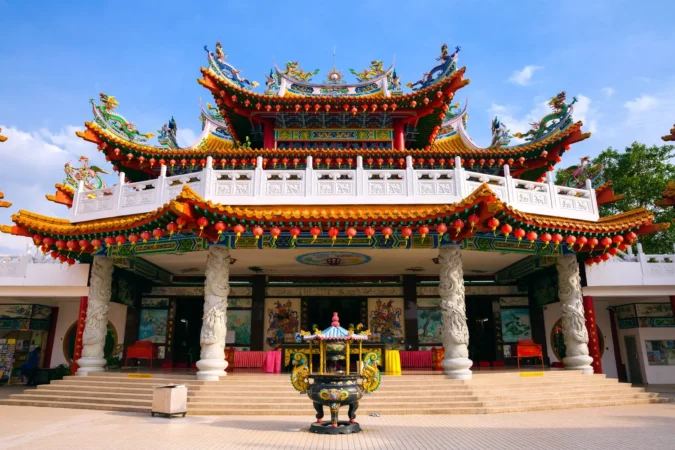 Thean Hou Temple decorated with red Chinese lanterns, Kuala Lumpur, Malaysia