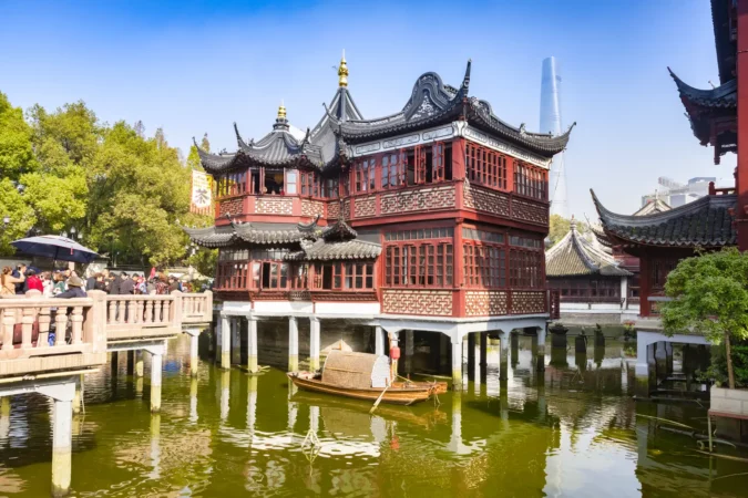 Nine Turn Bridge and the Huxinting Tea House in the Yu Garden in Shanghai, China