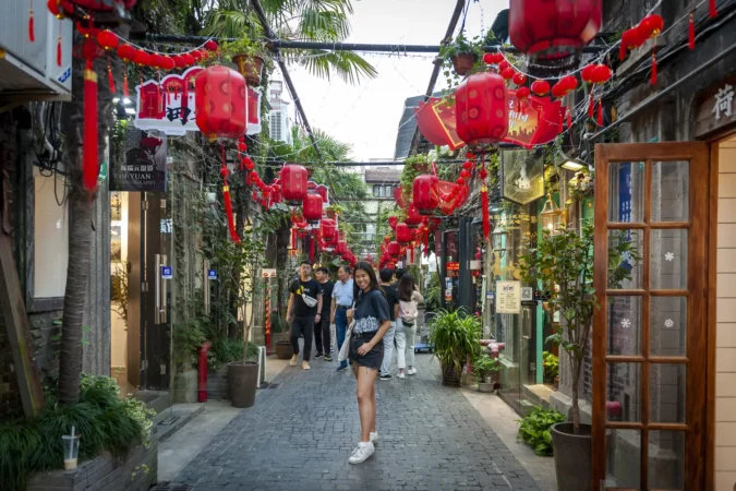 Tianzifang, a popular tourist destination home to boutique shops, craft stores, trendy art studios, cafes, bars and restaurants along narrow alleys in Shanghai, China