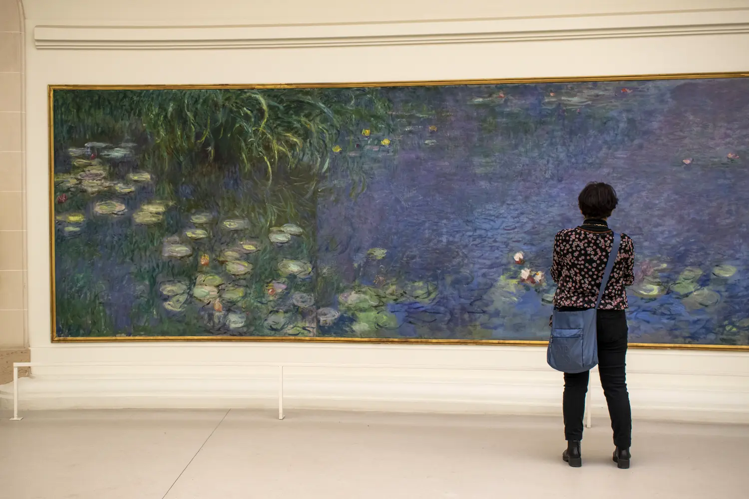 A visitor in front the Nymphas (Water Lilies), famous series of decorative panels by Claude Monet at the Musee de l'Orangerie, museum of impressionist and post-impressionist paintings