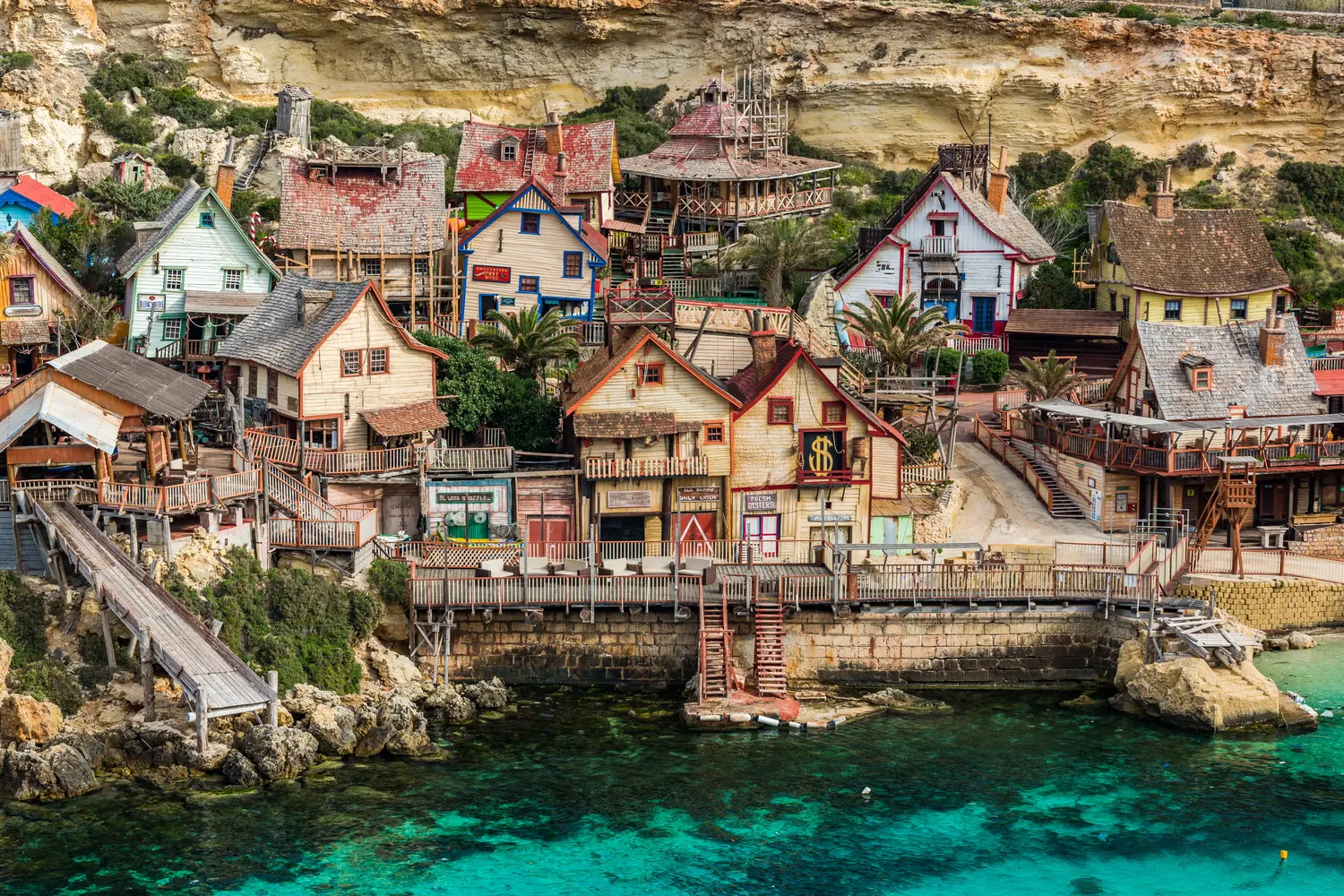 Colorful houses in Anchor Bay, Popeye Village, Malta