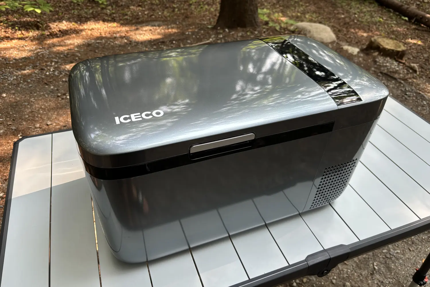 ICECO GO20 car fridge on table at camp