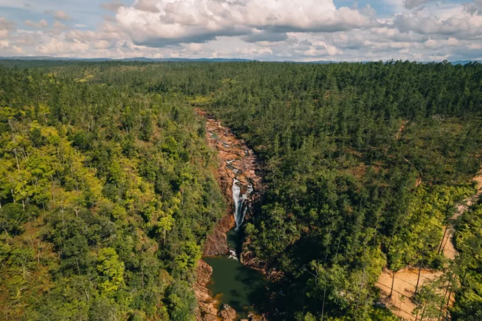 An aerial view of Big Rock Falls in Mountain Pine Ridge, Cayo District, Belize