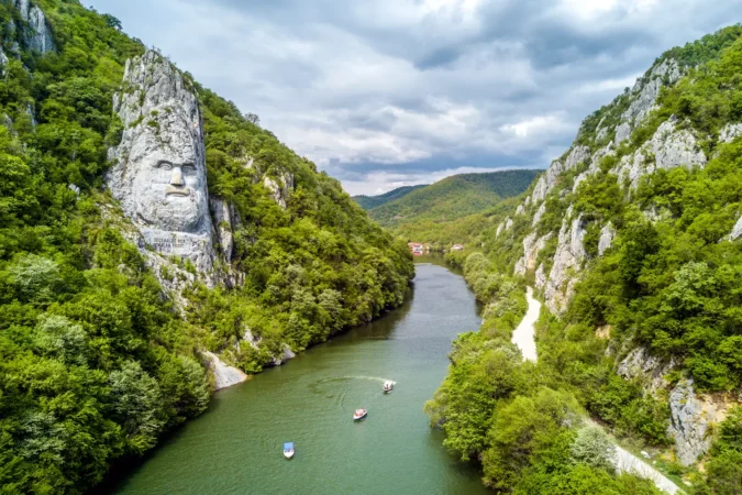 Decebal Head sculpted in rock, Danube Gorges (Cazanele Dunarii), Romania