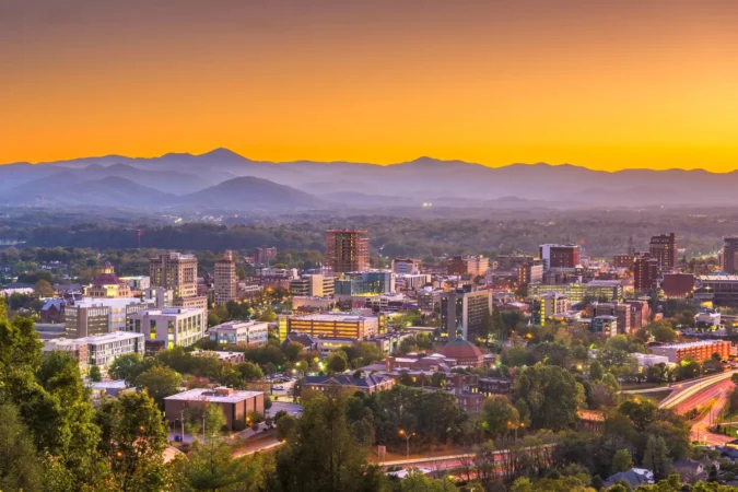 Aerial view over Asheville at dusk