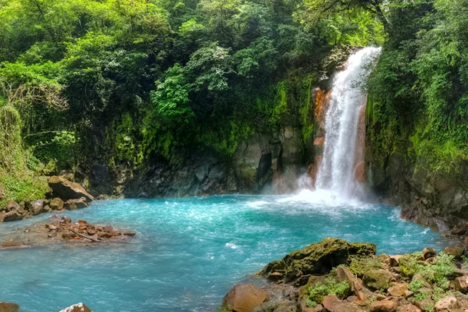 Panoramic view of Rio Celeste river and waterfall in Costa Rica