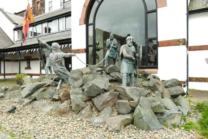 Statues in front of the House of Manannan Museum on the Isle of Man, UK