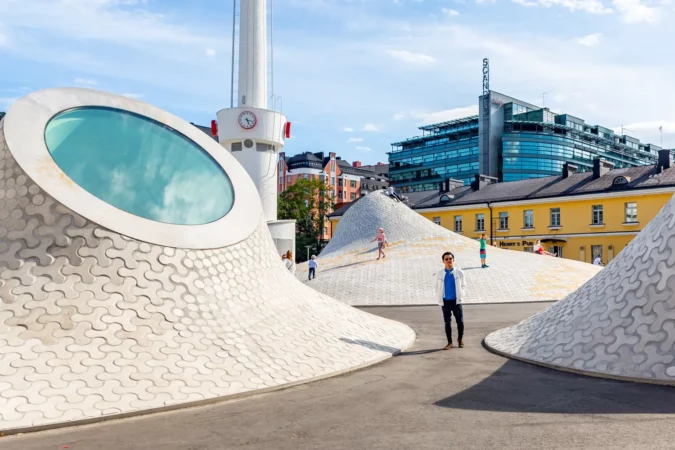 People at Amos Rex art museum in the center of Helsinki, Finland