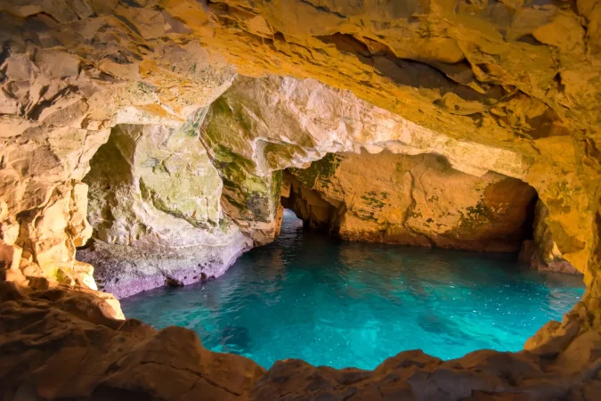 Sunset time at Rosh Hanikra grottoes, a geologic formation located on the border between Israel and Lebanon.