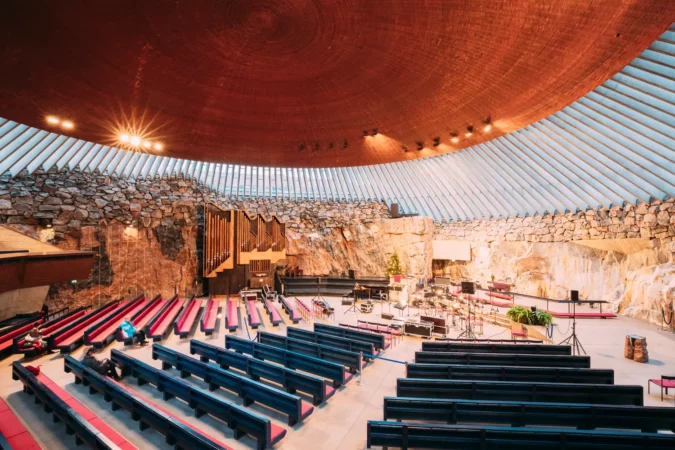 Interior Of Lutheran Temppeliaukio Church Also Known As Church Of Rock And Rock Church in Helsinki, Finland