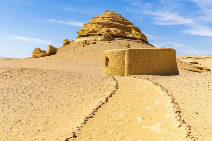 Small building along the interpretive trail at Wadi el-Hitan paleontological site in Egypt