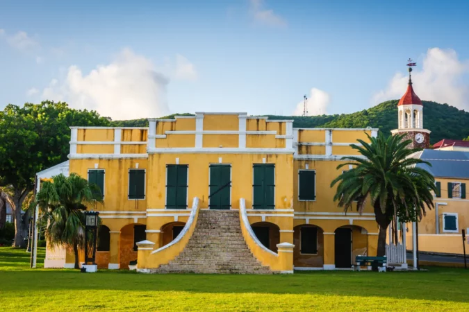 Bright yellow buildings at Christiansted National Historic Site on St. Croix, US Virgin Islands