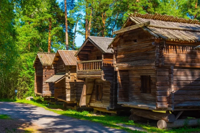 Wooden buildings at Seurasaari Open-Air Museum in Helsinki, Finland.