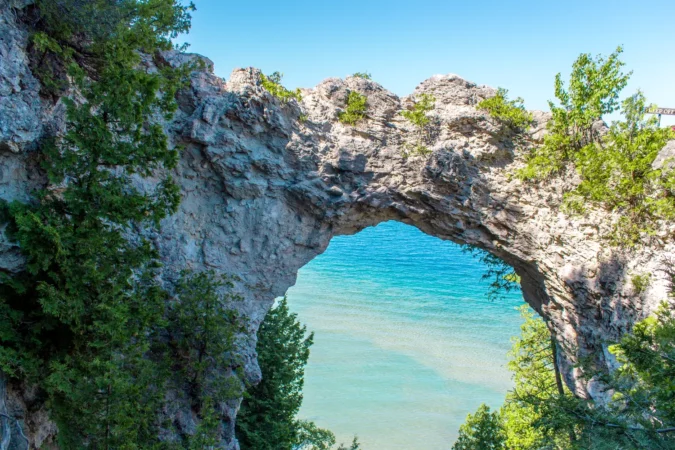 Beautiful view of Lake Michigan from Arches rock at Mackinac Island State Park
