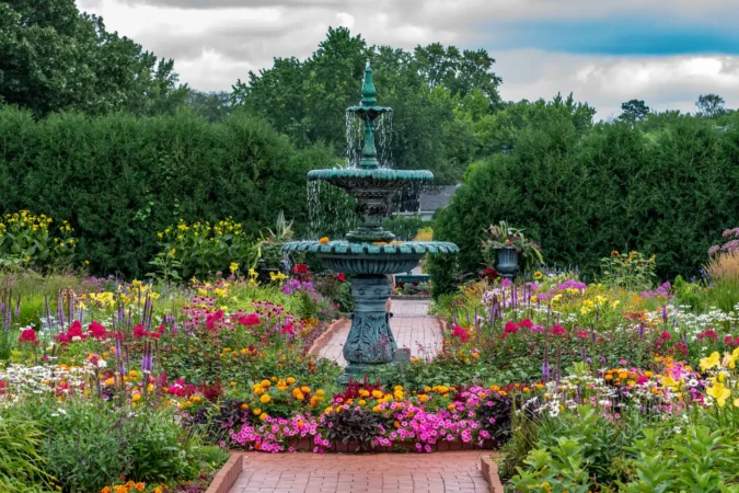 Fountain and Flowers in The Munsinger Clemens Gardens in St. Cloud, Minnesota