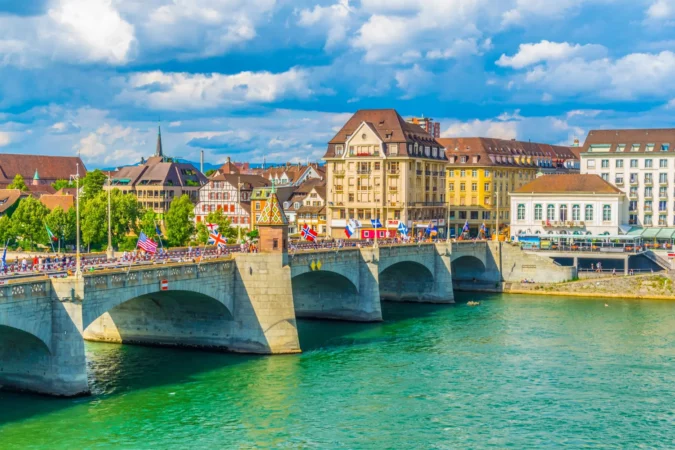 Riverside of Rhine in Basel with Mittlere Brücke, Switzerland