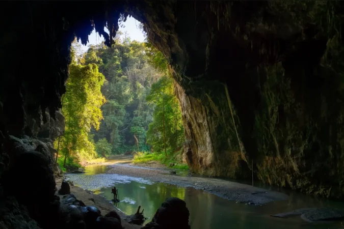 Tourists explore the cave of Tham Lod, Pai, Mae Hong Son, Thailand