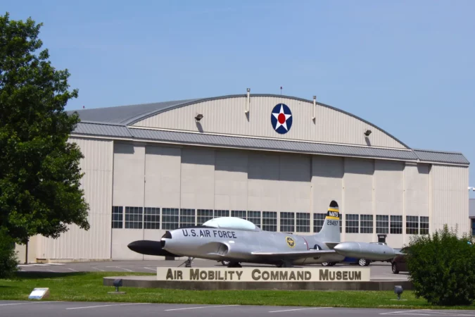 T-33A Shooting Star subsonic jet trainer displayed at the entrance to the Air Mobility Command Museum in Dover, Delaware