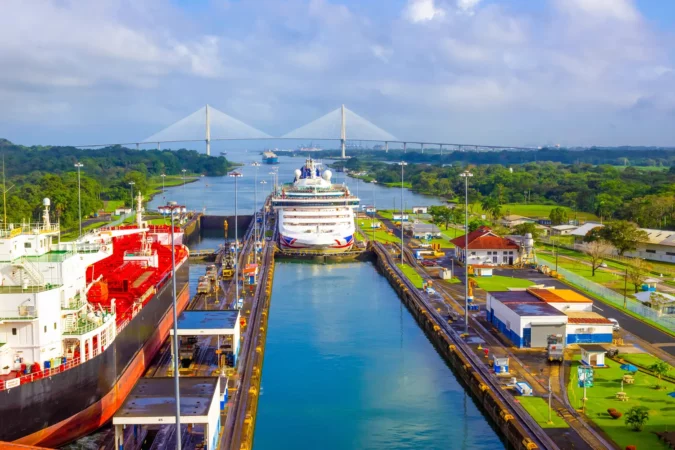 A cargo ship entering the Miraflores Locks in the Panama Canal in Panama