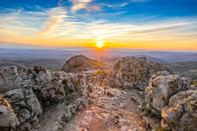 Sunset over Ancient Megalithic Observatory "Kokino" in Macedonia