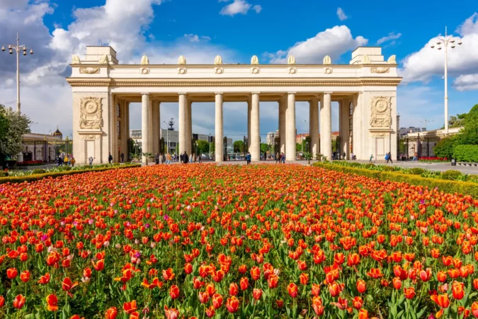 Main entrance to Gorky central park of culture and leisure in Moscow, Russia