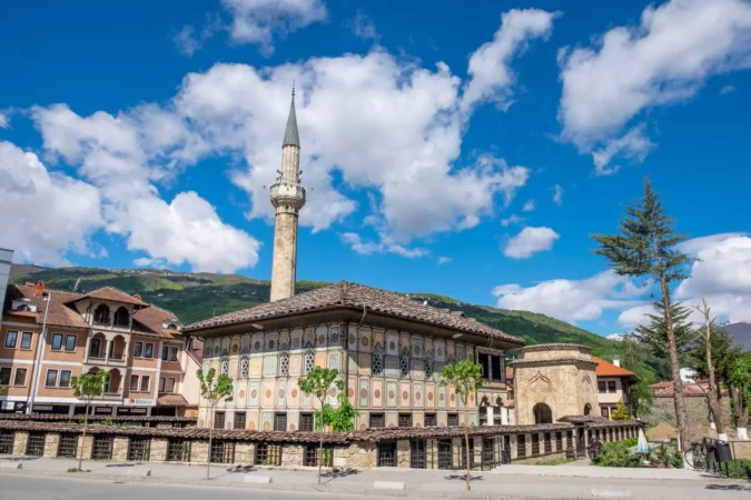 Exterior view the Mosque of Pasha, which is also known as Colorful Mosque or Alaca Cami in Tetova, North Macedonia