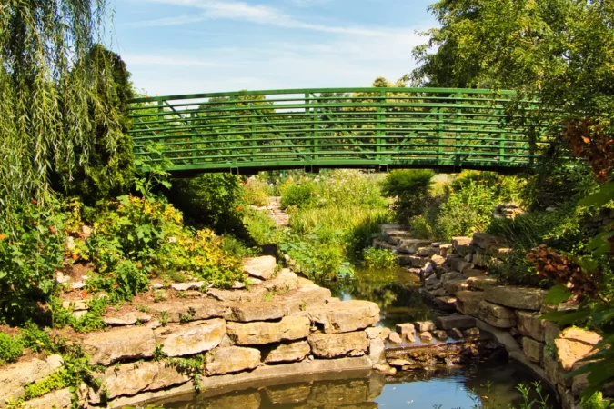 Green bridge at Overland Park Arboretum & Botanical Gardens in Overland Park, Kansas