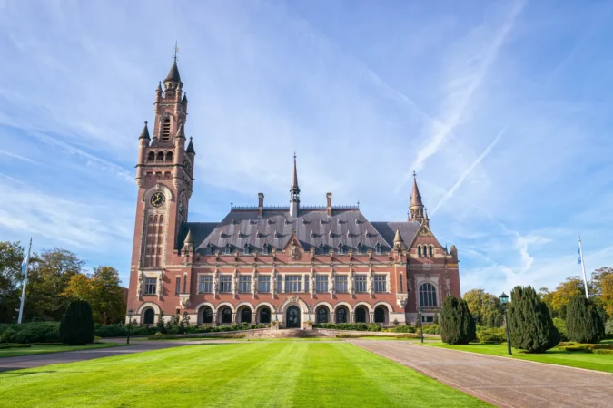 Wide angle view of the Peace Palace (Dutch: 'Vredespaleis') in the city of The Hague