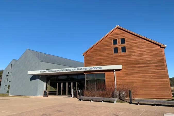 Façade and main entrance to the Harriet Tubman Underground Railroad Historical Park visitor center building in Cambridge, Maryland